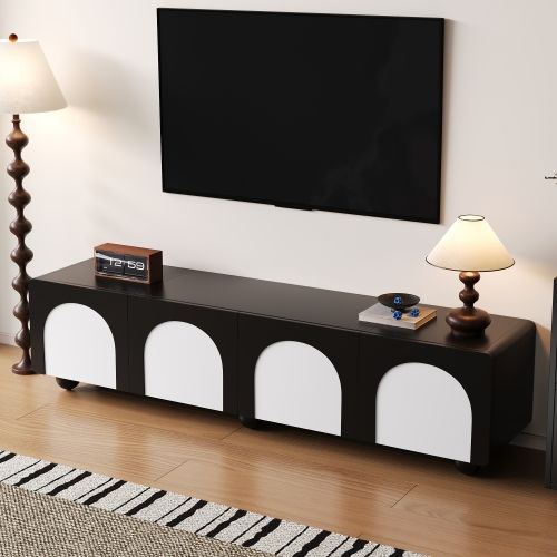 Meuble TV 180 Cm Avec 2 Portes Et 2 Tiroirs, Noir Mat Et Blanc