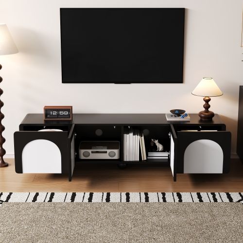 Meuble TV 180 Cm Avec 2 Portes Et 2 Tiroirs, Noir Mat Et Blanc
