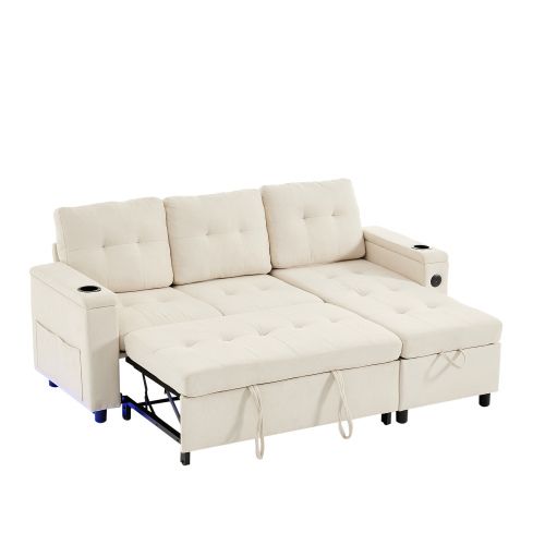 Canapé D'angle Convertible 208 Cm Beige Avec Rangement Et Bande LED