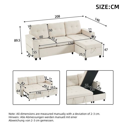 Canapé D'angle Convertible 208 Cm Beige Avec Rangement Et Bande LED