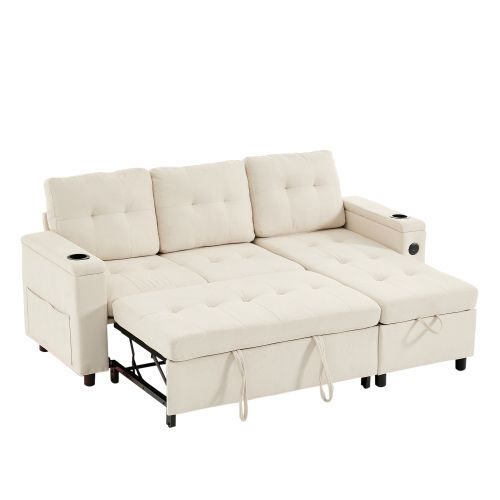 Canapé D'angle Convertible 208 Cm Beige Avec Rangement Et Bande LED