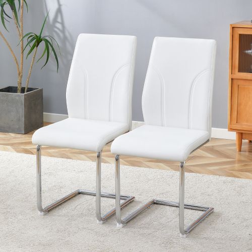 Lot De 2 Chaises De Salle à Manger, En Pu, Piètement Métal Argenté, Blanc Et Argent