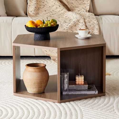 Table Basse Hexagonale Marron, Pieds Cylindriques En Mdf