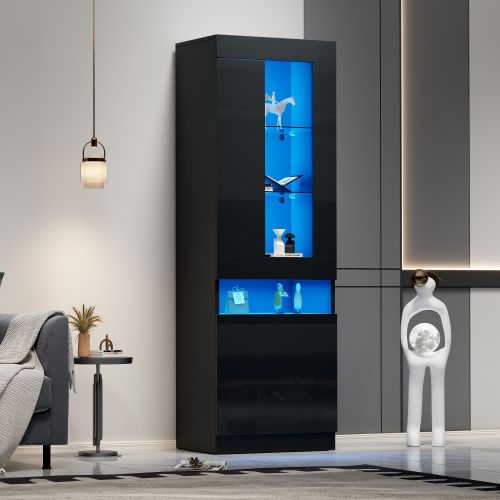 Vitrine Noire 50x40x180 Cm, Vitrine De Rangement Avec Éclairage LED, 2 Portes