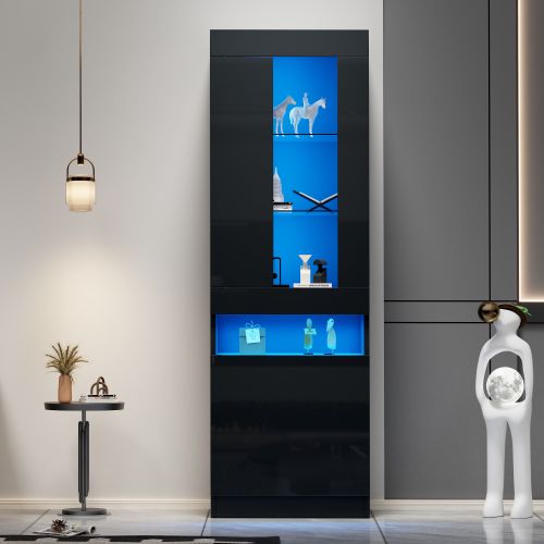Vitrine Noire 50x40x180 Cm, Vitrine De Rangement Avec Éclairage LED, 2 Portes