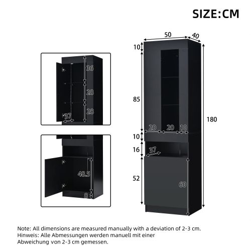 Vitrine Noire 50x40x180 Cm, Vitrine De Rangement Avec Éclairage LED, 2 Portes