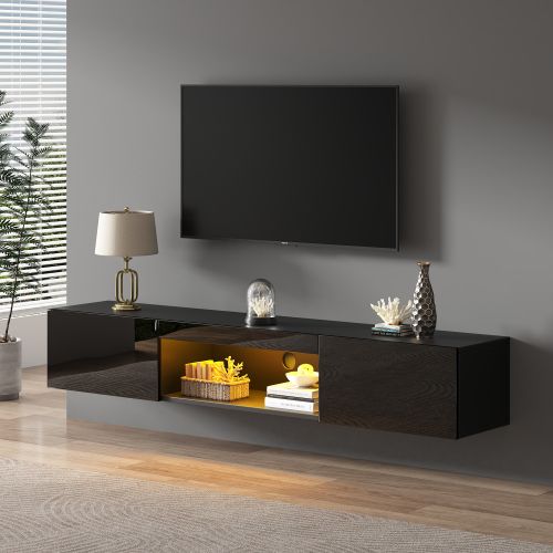 Meuble TV Mural 160 X 31 X 22 Cm, Brillante, Avec 2 Portes, Niche Ouverte, Avec LED, Noir