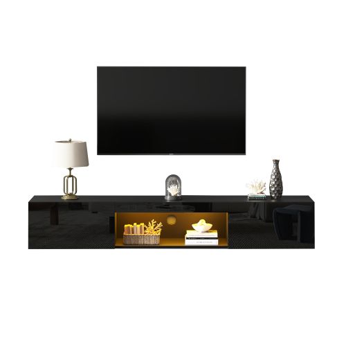 Meuble TV Mural 160 X 31 X 22 Cm, Brillante, Avec 2 Portes, Niche Ouverte, Avec LED, Noir
