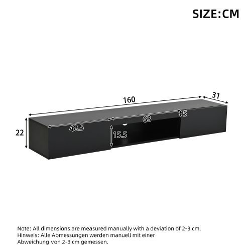 Meuble TV Mural 160 X 31 X 22 Cm, Brillante, Avec 2 Portes, Niche Ouverte, Avec LED, Noir