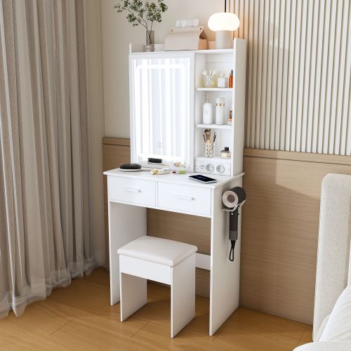 Petite Coiffeuse Blanche Avec Miroir, Tabouret, LED Réglable Et Prise, Pour Petite Chambre
