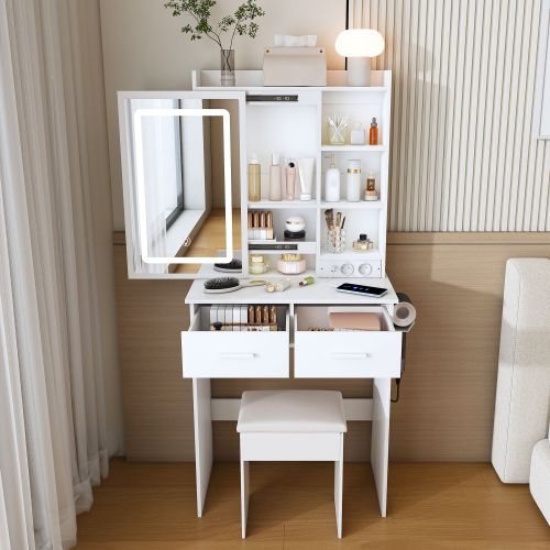 Petite Coiffeuse Blanche Avec Miroir, Tabouret, LED Réglable Et Prise, Pour Petite Chambre