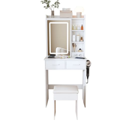 Petite Coiffeuse Blanche Avec Miroir, Tabouret, LED Réglable Et Prise, Pour Petite Chambre