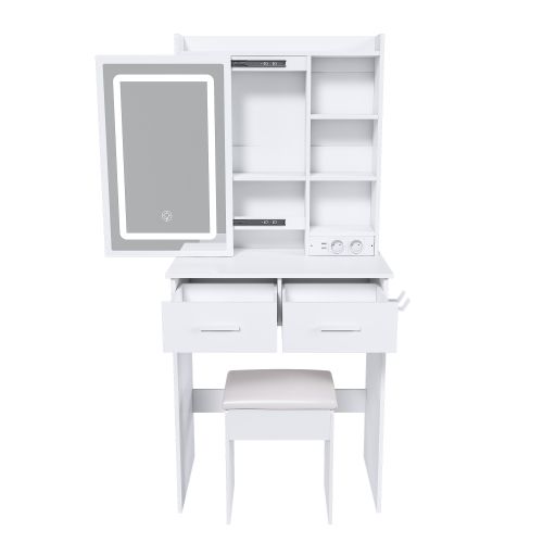 Petite Coiffeuse Blanche Avec Miroir, Tabouret, LED Réglable Et Prise, Pour Petite Chambre
