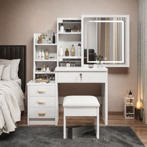 Coiffeuse Blanche Avec Miroir De Maquillage Avec Éclairage Et Tabouret, 4 Tiroirs, 85x36x130 Cm