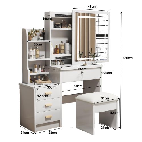 Coiffeuse Blanche Avec Miroir De Maquillage Avec Éclairage Et Tabouret, 4 Tiroirs, 85x36x130 Cm