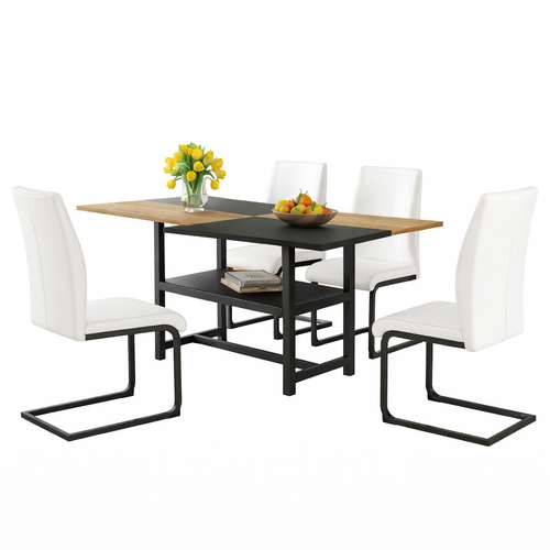 Ensemble Table Et Chaises, Table à Manger 160x90x76 Cm Avec Pieds Métal Et 4 Chaises En Pu Blanc