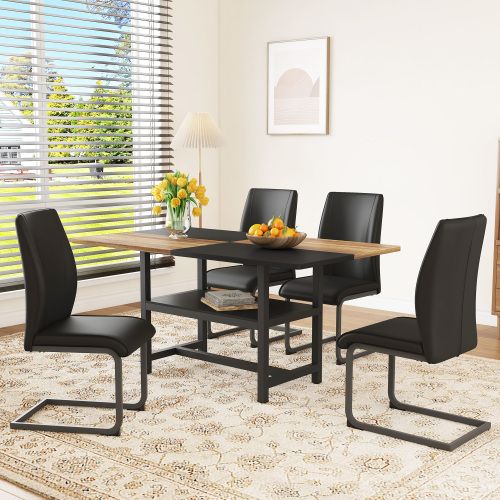 Ensemble Table Et Chaises, Table à Manger 160x90x76cm Avec Pieds Métal Bois Et 4 Chaises En Pu Noir