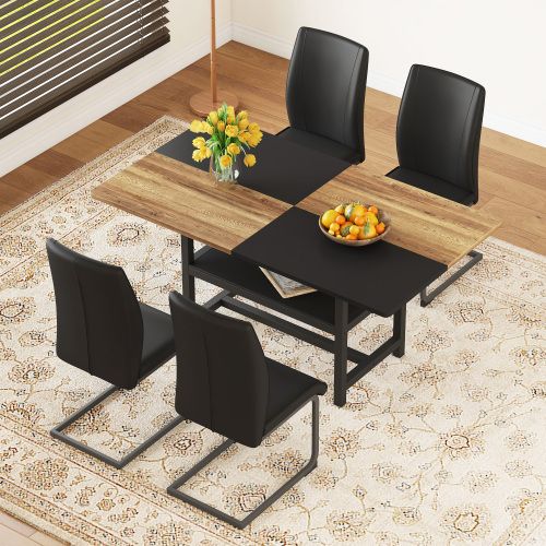 Ensemble Table Et Chaises, Table à Manger 160x90x76cm Avec Pieds Métal Bois Et 4 Chaises En Pu Noir