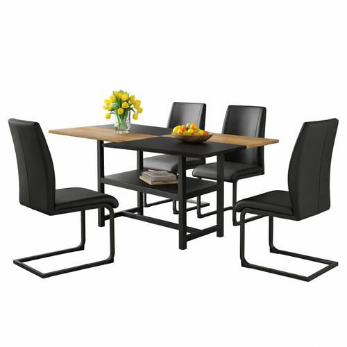 Ensemble Table Et Chaises, Table à Manger 160x90x76cm Avec Pieds Métal Bois Et 4 Chaises En Pu Noir