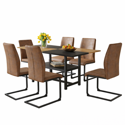Ensemble Table Et Chaises, Table à Manger 160x90 Cm Avec Pieds Métal Noir Et 6 Chaises En Tissu Brun