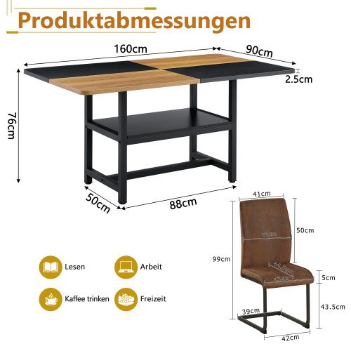 Ensemble Table Et Chaises, Table à Manger 160x90 Cm Avec Pieds Métal Noir Et 6 Chaises En Tissu Brun