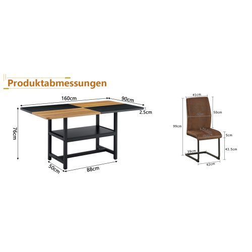 Ensemble Table Et Chaises, Table à Manger 160 Cm Avec Pieds Métal Noir Et 4 Chaises En Tissu Brun