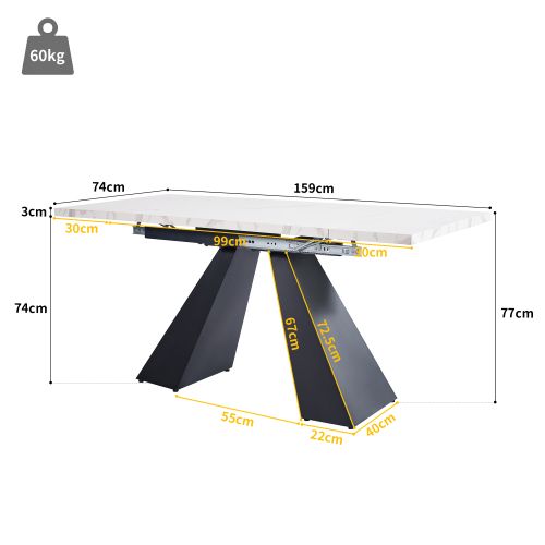 Ensemble Table Et Chaises, Table à Manger 99-159x74 Cm Avec Pieds Métal Noir Et 4 Chaises En Velours