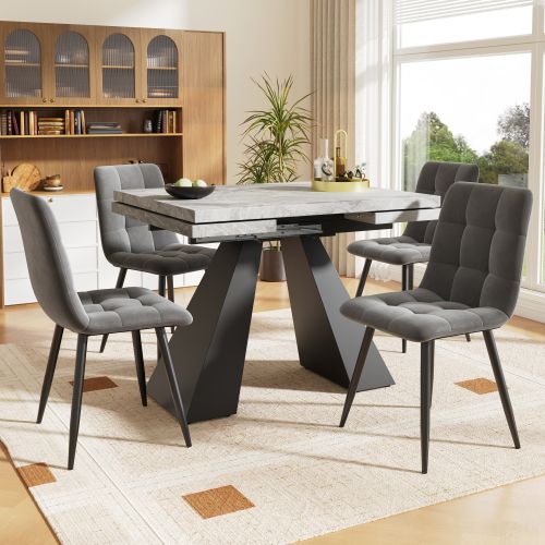 Ensemble Table Et Chaises, Table à Manger 99-159 Cm Avec Pieds Métal Et 4 Chaises En Velours Gris