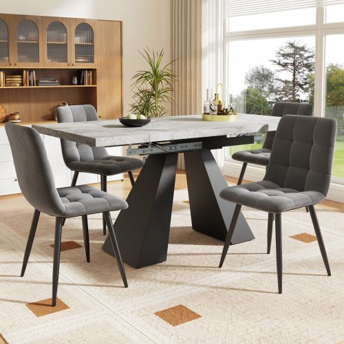 Ensemble Table Et Chaises, Table à Manger 99-159 Cm Avec Pieds Métal Et 4 Chaises En Velours Gris