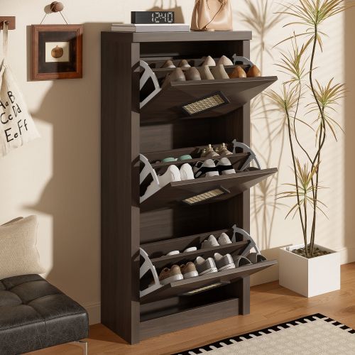 Meuble à Chaussures 3 Compartiments Abattants, Décor Rotin, Finition Bois Brun Foncé