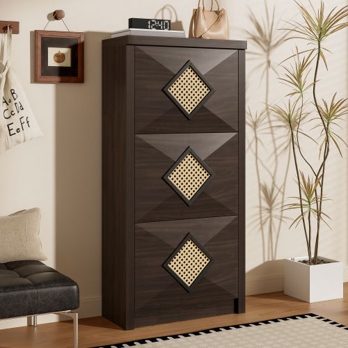 Meuble à Chaussures 3 Compartiments Abattants, Décor Rotin, Finition Bois Brun Foncé