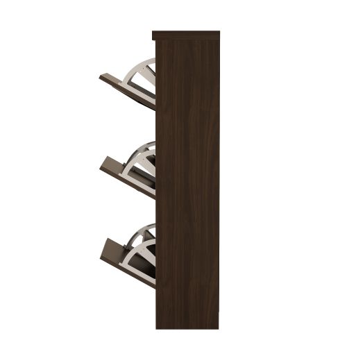 Meuble à Chaussures 3 Compartiments Abattants, Décor Rotin, Finition Bois Brun Foncé