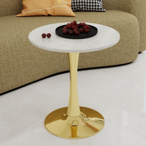 Table Basse Ronde Effet Marbre Blanc, Pieds Dorés