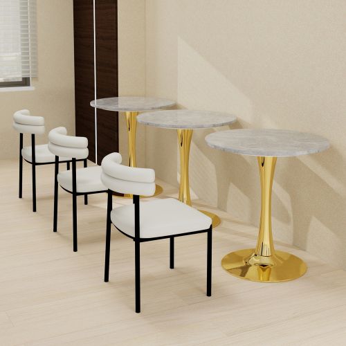 Bout de canapé Ronde 70 Cm, Plateau Effet Marbre Gris Clair Veiné, Piètement Doré