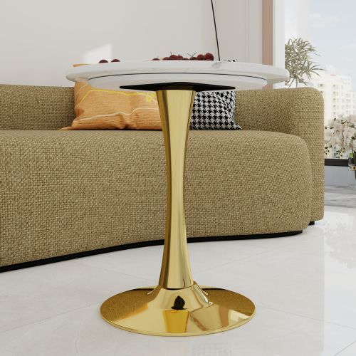 Bout de canapé Ronde En Marbre Artificiel Blanc Veiné, Pieds Dorés