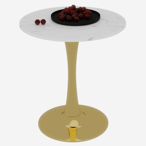 Bout de canapé Ronde En Marbre Artificiel Blanc Veiné, Pieds Dorés