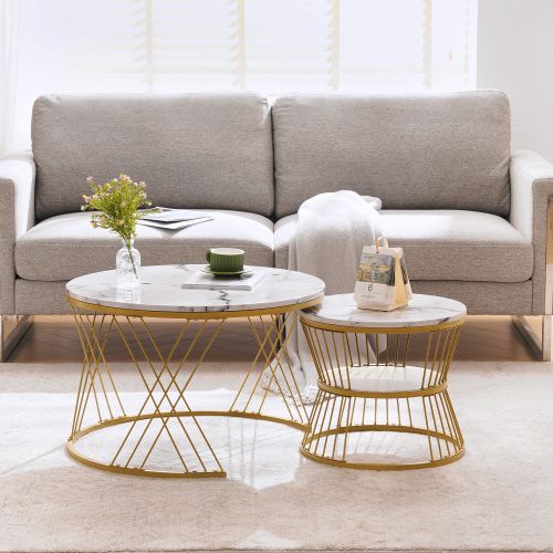 Lot De 2 Tables Basses Rondes Emboîtables Blanches Avec Piètement Métallique Doré