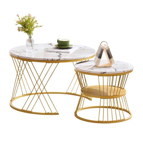 Lot De 2 Tables Basses Rondes Emboîtables Blanches Avec Piètement Métallique Doré