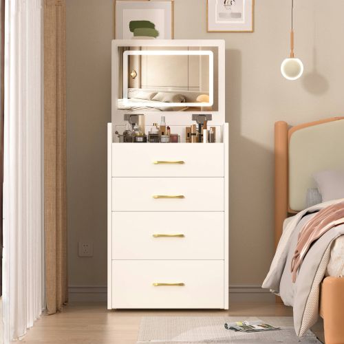 Coiffeuse D'angle 3 En 1 Blanche Avec Miroir Rabattable, Plateau En Verre Transparent, 3 Tiroirs