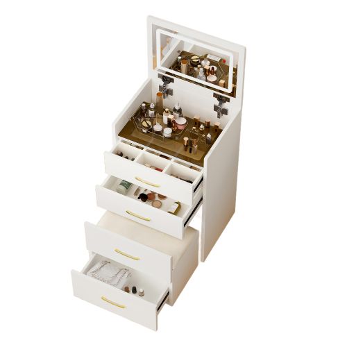 Coiffeuse D'angle 3 En 1 Blanche Avec Miroir Rabattable, Plateau En Verre Transparent, 3 Tiroirs