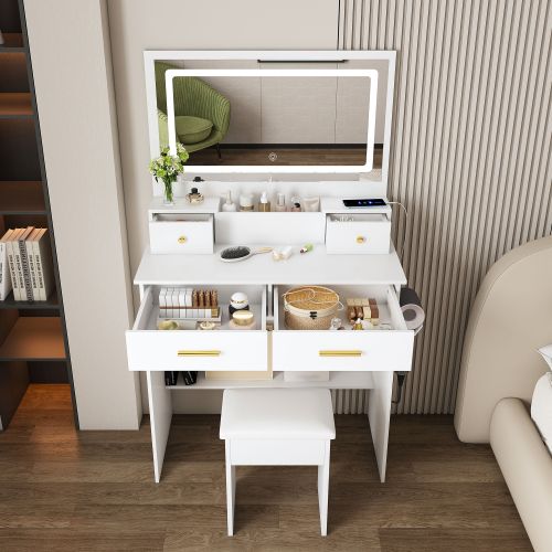 Coiffeuse Avec Miroir XXL 75x48 Cm, Éclairage LED 3 Couleurs Et Tabouret Rembourré, Blanc