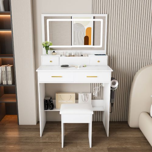 Coiffeuse Avec Miroir XXL 75x48 Cm, Éclairage LED 3 Couleurs Et Tabouret Rembourré, Blanc