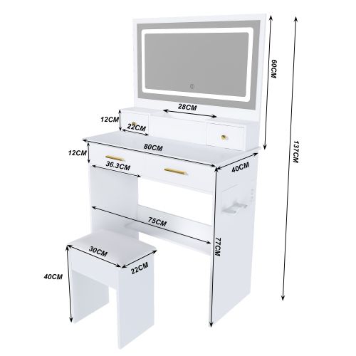 Coiffeuse Avec Miroir XXL 75x48 Cm, Éclairage LED 3 Couleurs Et Tabouret Rembourré, Blanc