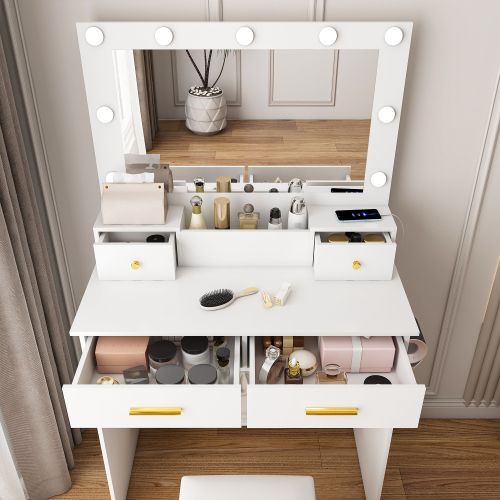 Coiffeuse Avec Éclairage LED 3 Tons, Prise Et Porte-sèche-cheveux, 4 Tiroirs Et Tabouret