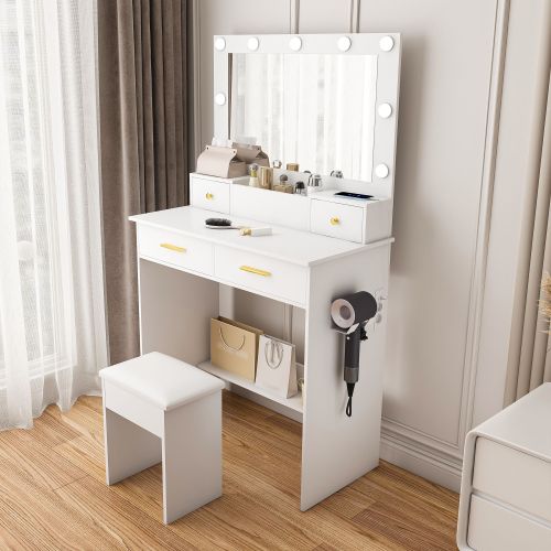 Coiffeuse Avec Éclairage LED 3 Tons, Prise Et Porte-sèche-cheveux, 4 Tiroirs Et Tabouret