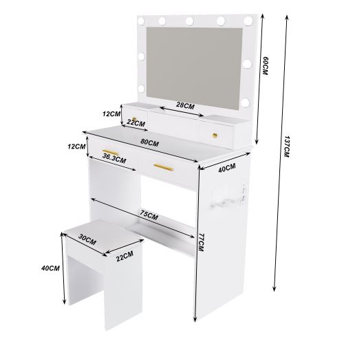 Coiffeuse Avec Éclairage LED 3 Tons, Prise Et Porte-sèche-cheveux, 4 Tiroirs Et Tabouret