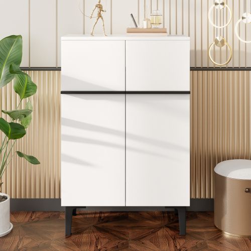 Meuble à Chaussures 2 Portes, Étagères Réglables, Blanc Et Noir, 60x34.5x95 Cm