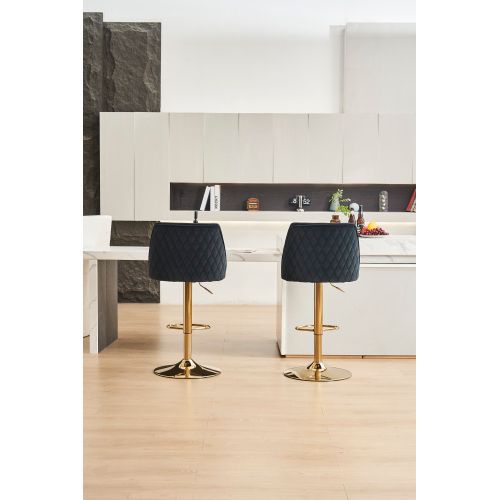 Lot De 2 Tabouret De Bar En Velours, Dossier Capitonné, Réglable Et Pivotant, Pied Métal, Noir