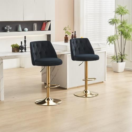 Lot De 2 Tabouret De Bar En Velours, Dossier Capitonné, Réglable Et Pivotant, Pied Métal, Noir