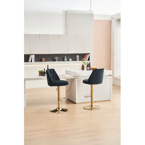Lot De 2 Tabouret De Bar En Velours, Dossier Capitonné, Réglable Et Pivotant, Pied Métal, Noir